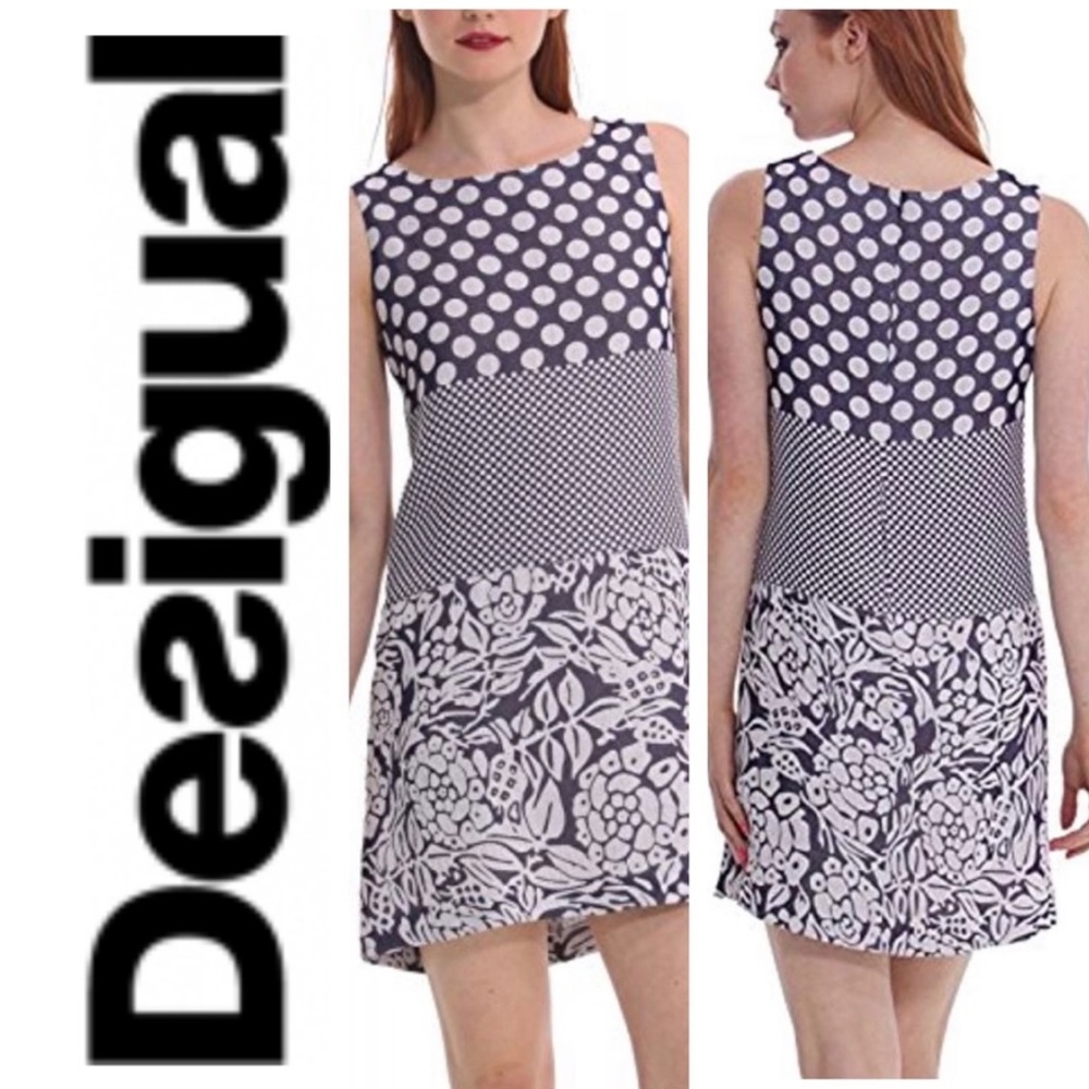 Desigual Am I Too Sexy Shift Dress 42/12‎ Blue White Sleeveless